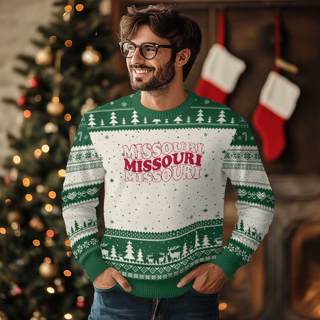 Retro Missouri State Pride Ugly Christmas Sweater Groovy Wavy Typography TS12 Beige Green Print Your Wear