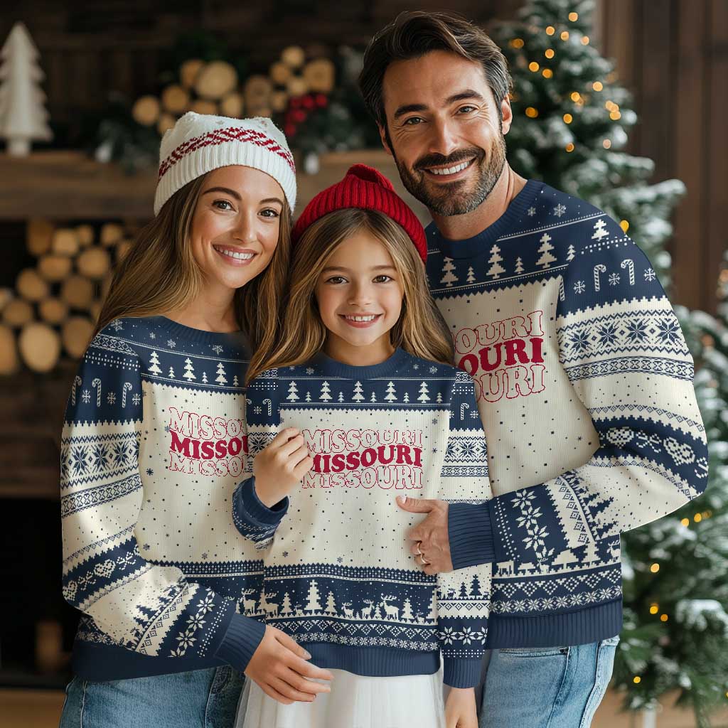 Retro Missouri State Pride Ugly Christmas Sweater Groovy Wavy Typography TS12 Beige Navy Print Your Wear