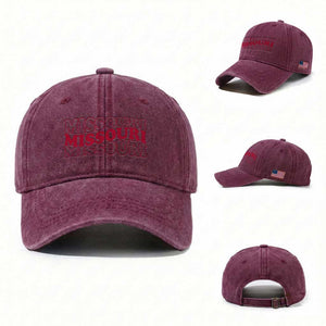Retro Missouri State Pride Washed Cotton Baseball Cap Groovy Wavy Typography TS12 Washed Cap Universal Fit Burgundy Print Your Wear