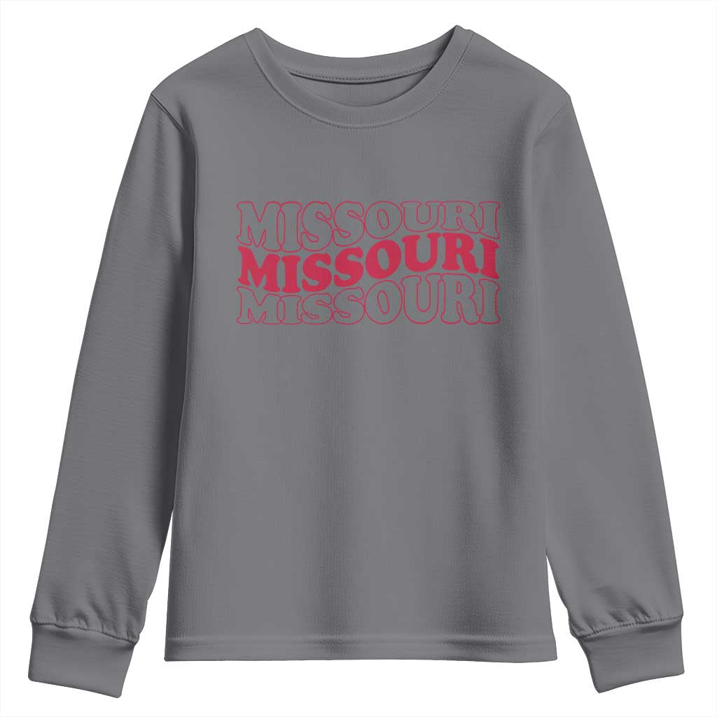 Retro Missouri State Pride Youth Sweatshirt Groovy Wavy Typography TS12 Charcoal Print Your Wear