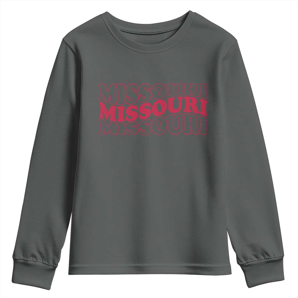 Retro Missouri State Pride Youth Sweatshirt Groovy Wavy Typography TS12 Dark Heather Print Your Wear