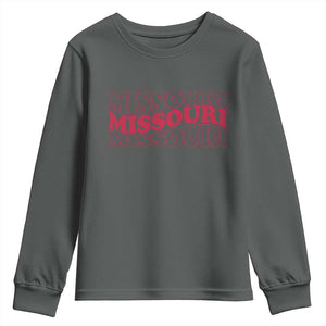 Retro Missouri State Pride Youth Sweatshirt Groovy Wavy Typography TS12 Dark Heather Print Your Wear