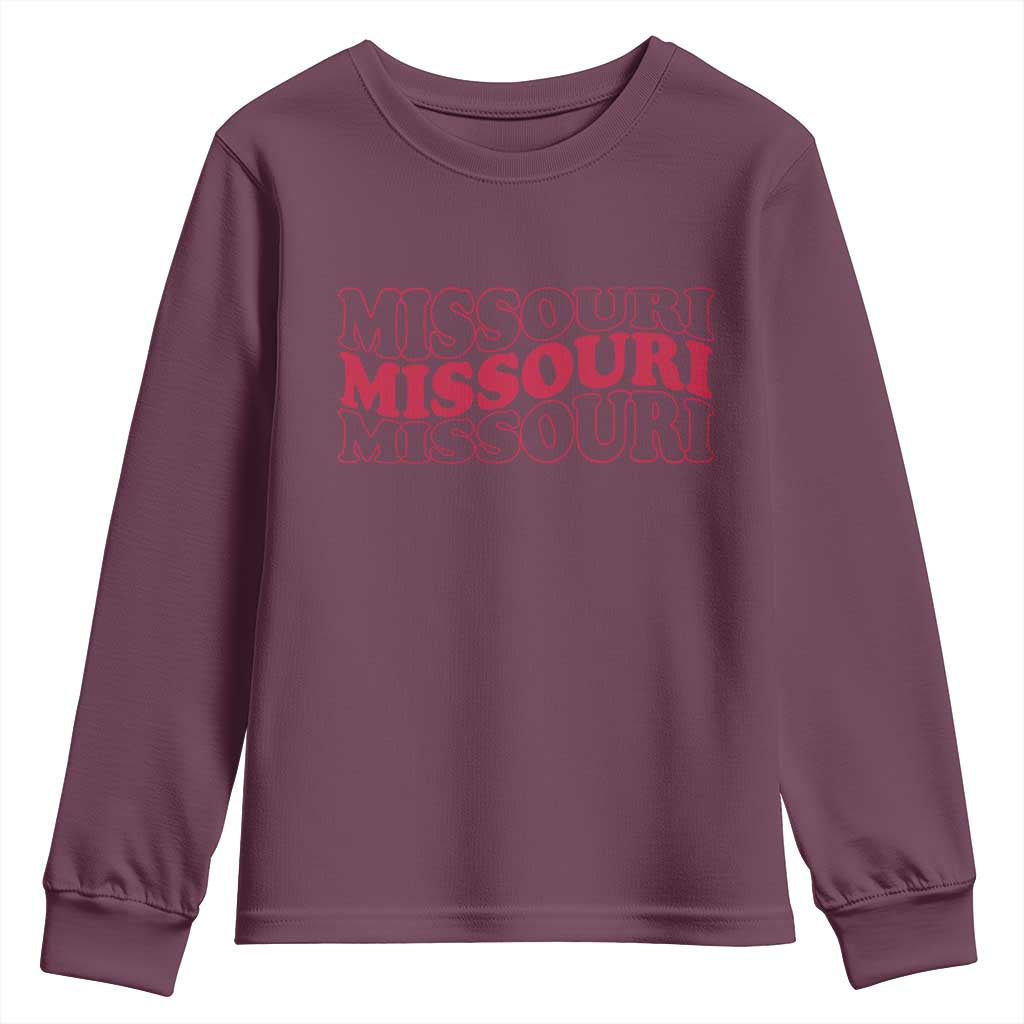 Retro Missouri State Pride Youth Sweatshirt Groovy Wavy Typography TS12 Maroon Print Your Wear