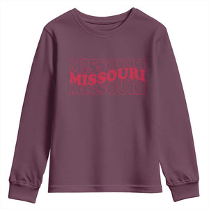 Retro Missouri State Pride Youth Sweatshirt Groovy Wavy Typography TS12 Maroon Print Your Wear