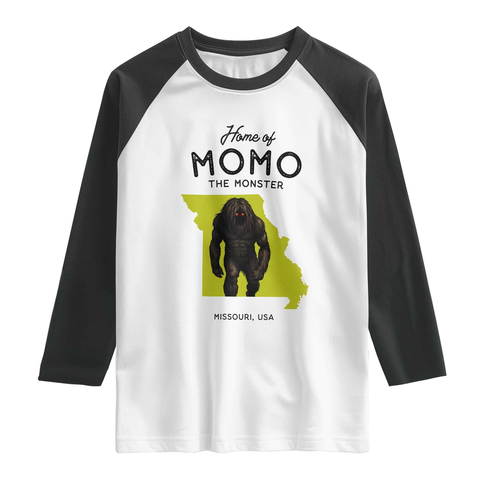 Louisiana Missouri Cryptid Lover Raglan Shirt Home Of Momo The Monster TS12 White Black Print Your Wear