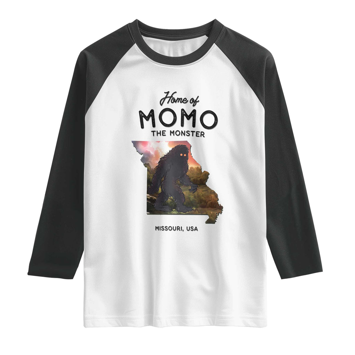 Momo The Monster Folklore Raglan Shirt Louisiana Missouri Cryptid Lover Gift TS12 White Black Print Your Wear