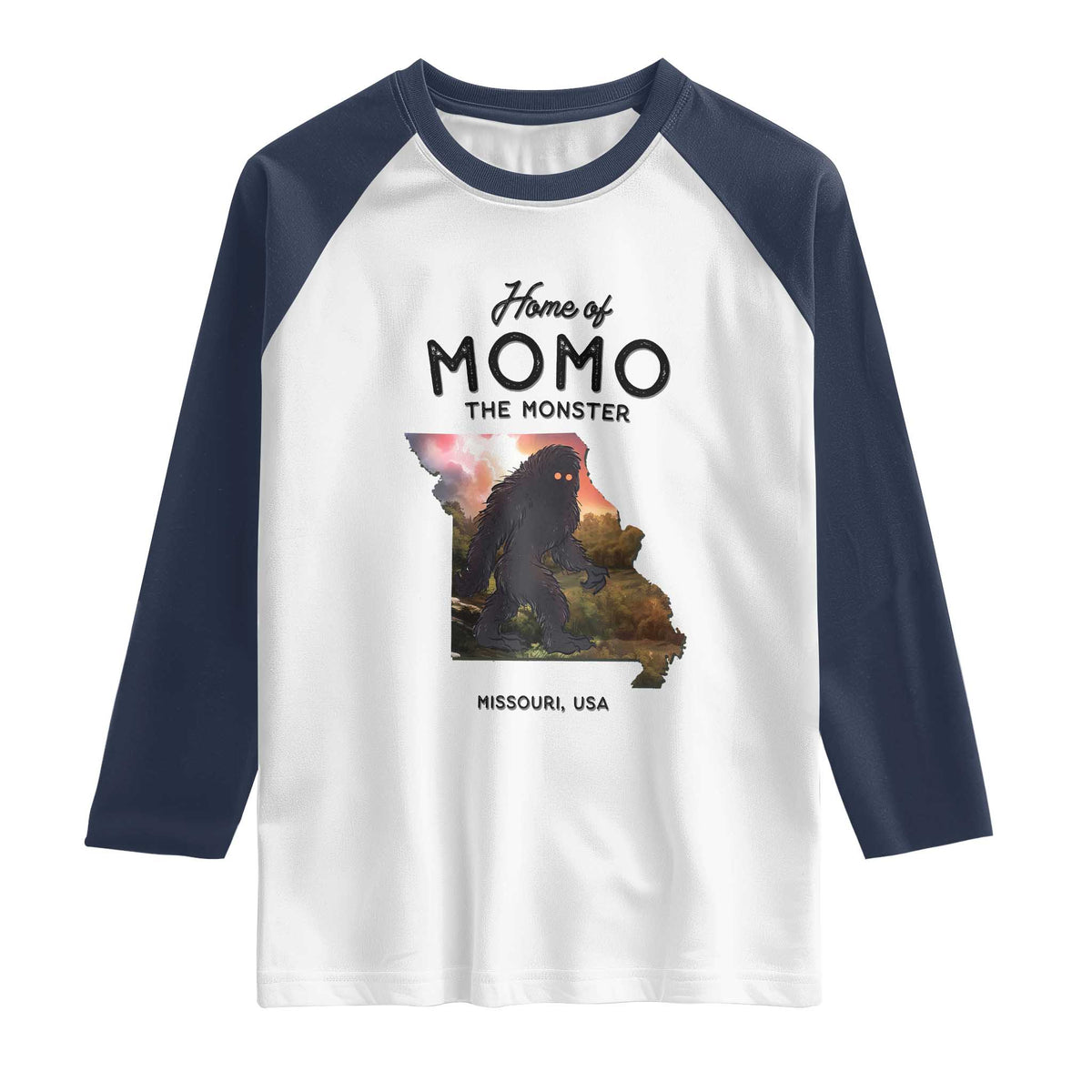 Momo The Monster Folklore Raglan Shirt Louisiana Missouri Cryptid Lover Gift TS12 White Navy Print Your Wear