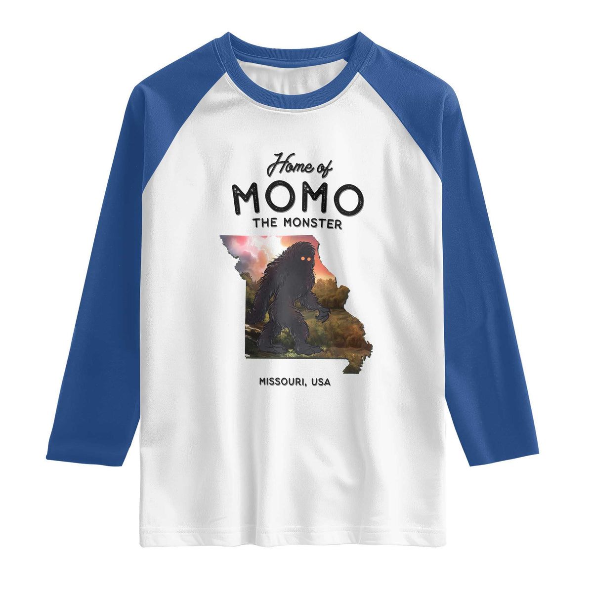 Momo The Monster Folklore Raglan Shirt Louisiana Missouri Cryptid Lover Gift TS12 White Royal Print Your Wear