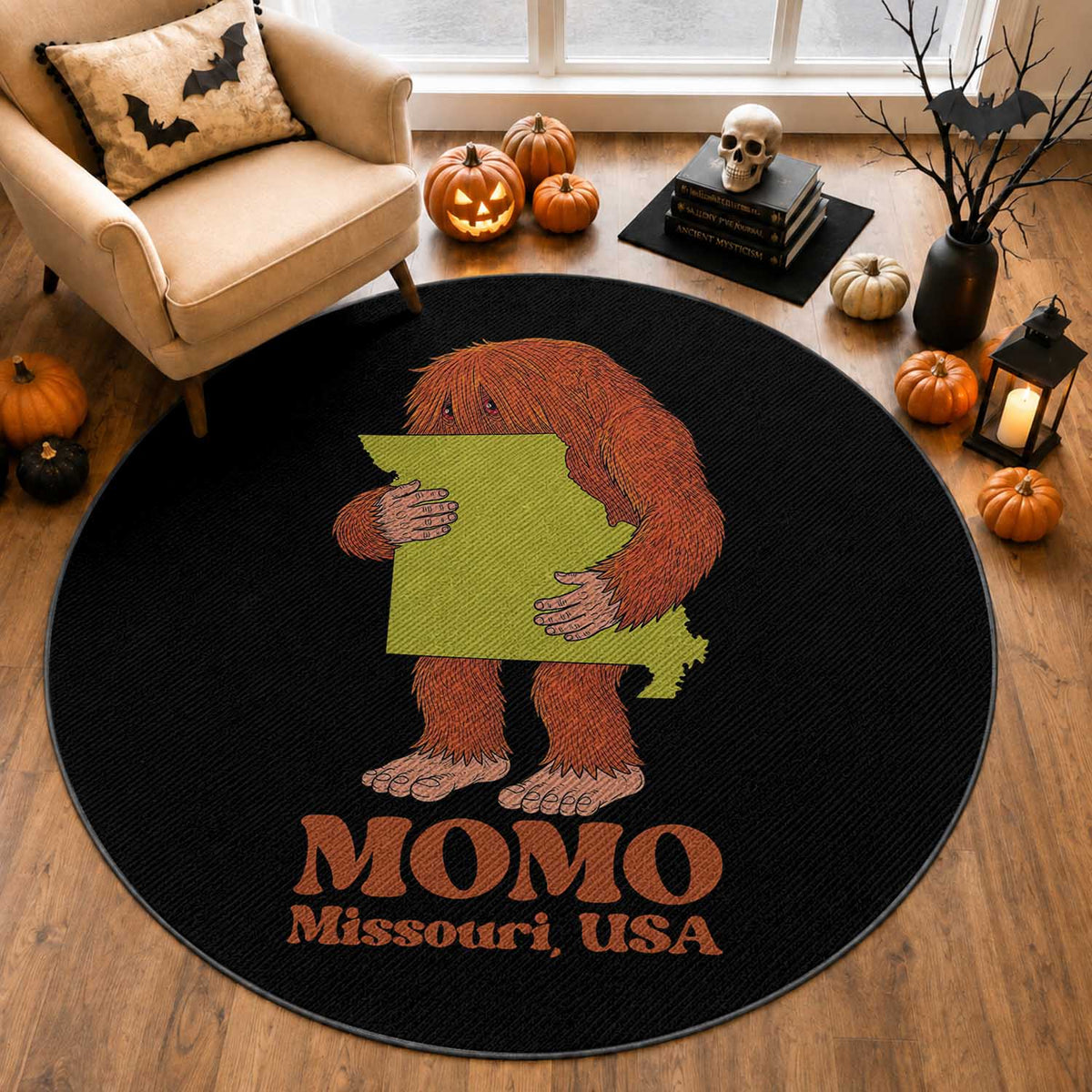 Missouri Cryptid Local Legend Round Rug Momo The Monster Lover Graphic