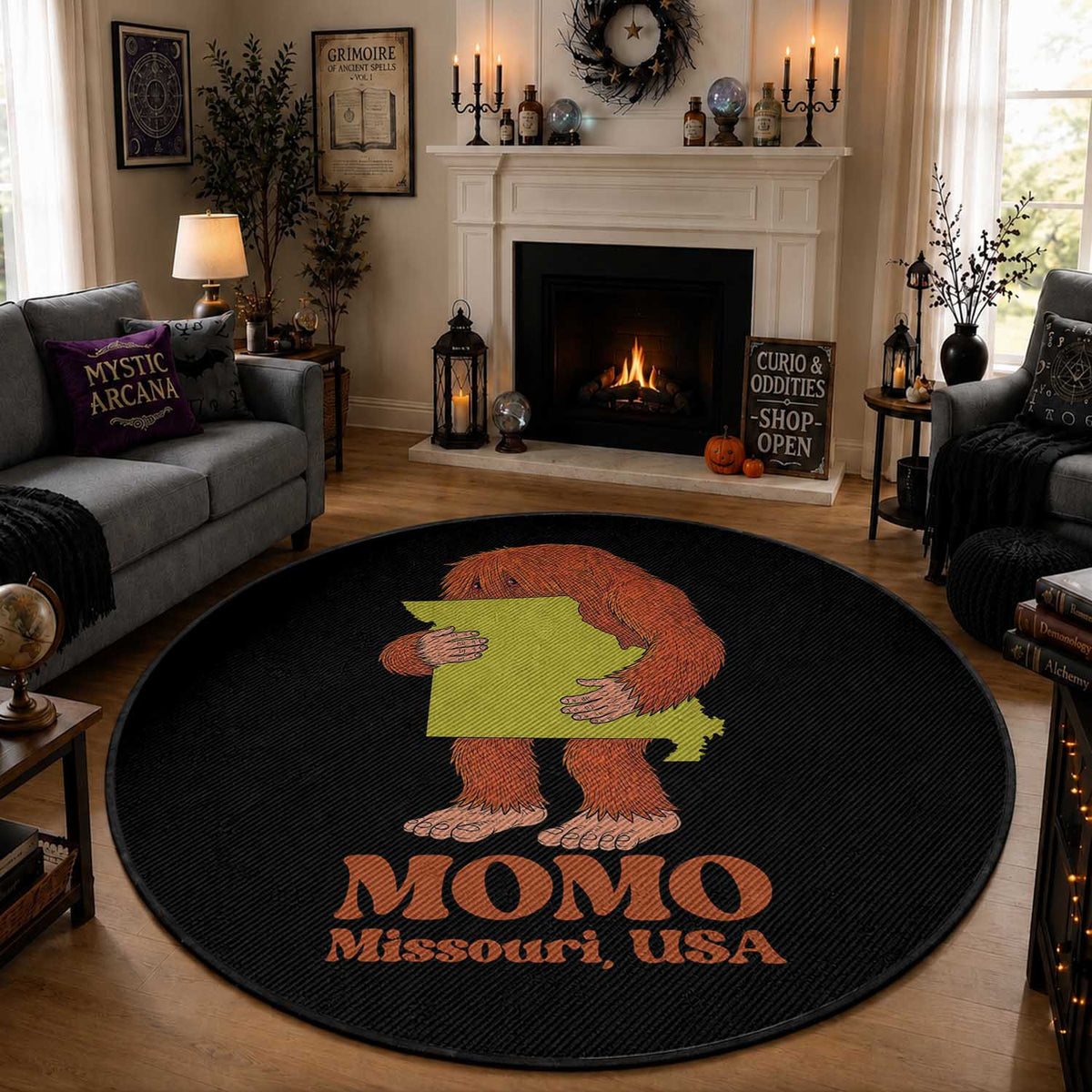 Missouri Cryptid Local Legend Round Rug Momo The Monster Lover Graphic