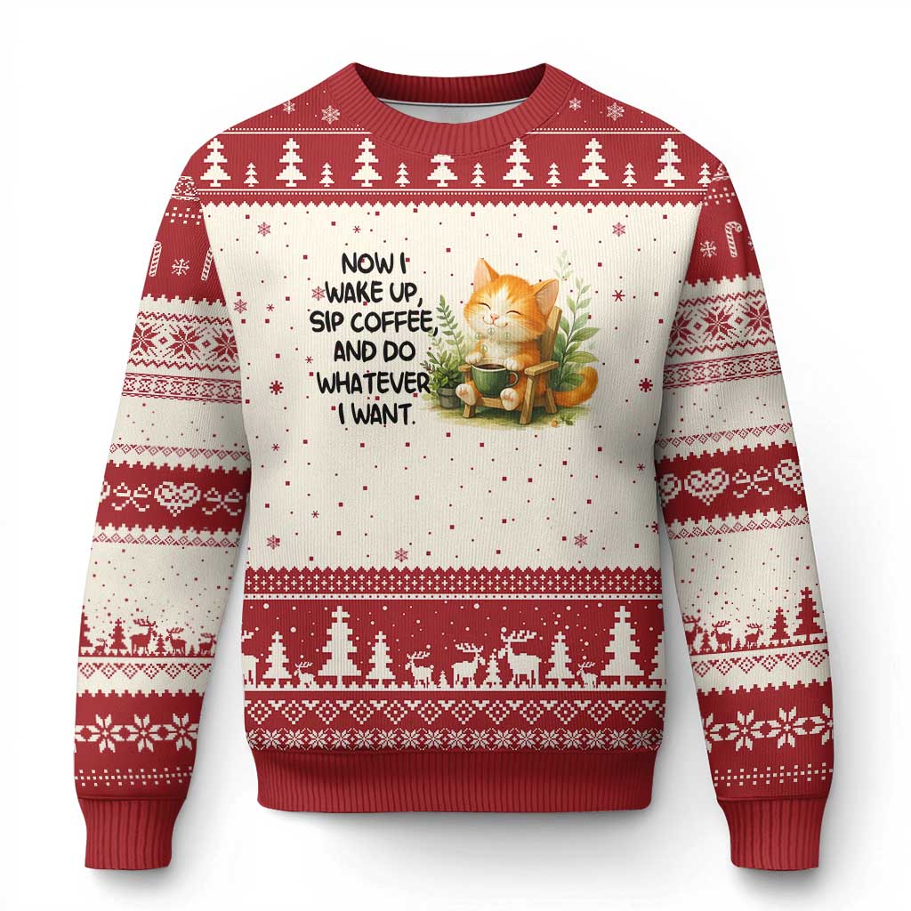 Cat Coffee Lover Ugly Christmas Sweater Now I Wake Up Sip Coffee And Do Whatever I Want TS12 Beige Red Print Your Wear