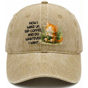 Cat Coffee Lover Washed Cotton Baseball Cap Now I Wake Up Sip Coffee And Do Whatever I Want TS12 Print Your Wear