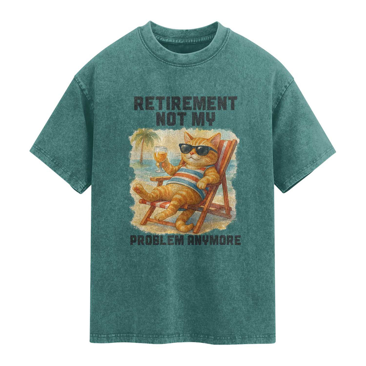 Funny Retirement Cat Washed Cotton T-Shirt Retired Not My Problem Anymore Chill Beach Vibes