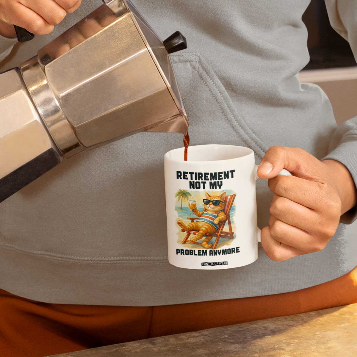 Funny Retirement Cat Coffee Mug Retired Not My Problem Anymore Chill Beach Vibes TS12 Print Your Wear