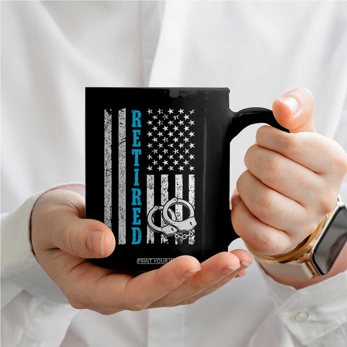 Funny Retired Police Officer Coffee Mug Patriotic Flag With Handcuffs TS12 Print Your Wear