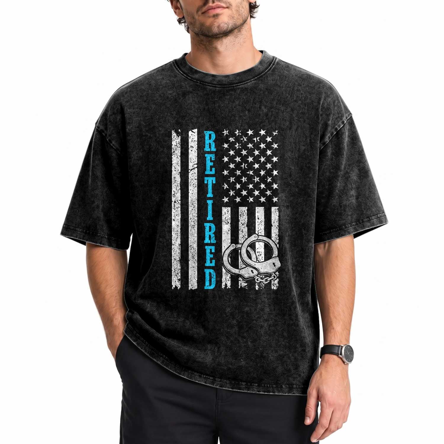 Funny Retired Police Officer Washed Cotton T-Shirt Patriotic Flag With Handcuffs