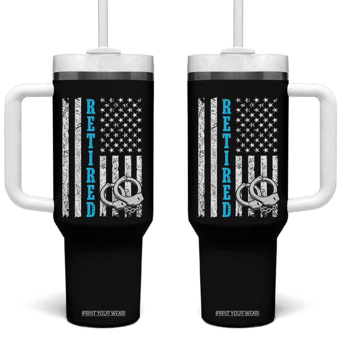 Funny Retired Police Officer Tumbler With Handle Patriotic Flag With Handcuffs TS12 One Size: 40 oz Black Print Your Wear