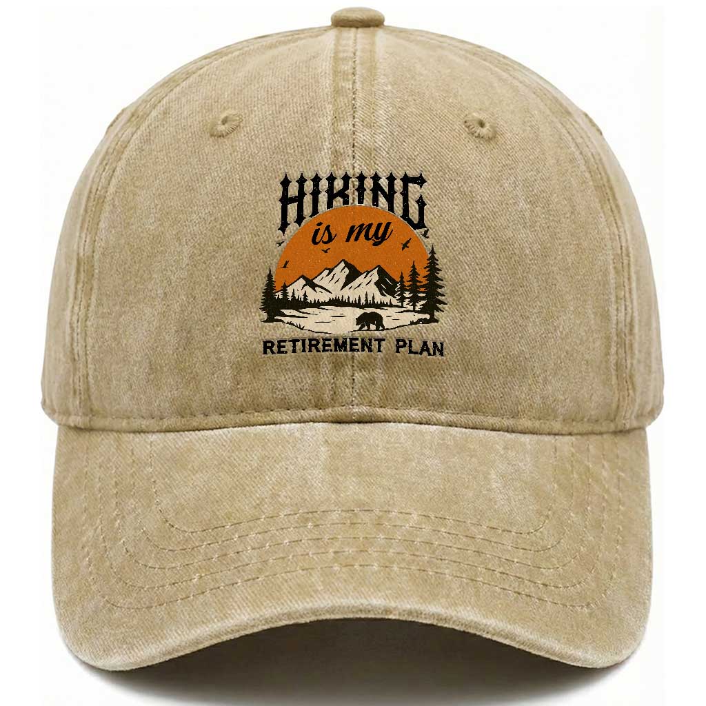 Hiking Is My Retirement Plan Washed Cotton Baseball Cap - Outdoor Vintage Mountain Scene TS12 Print Your Wear