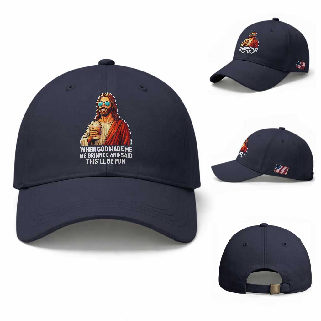 Funny Religious Jesus Baseball Cap When God Made Me He Grinned And Said This Will Be Fun TS12 Baseball Cap Universal Fit Navy Print Your Wear