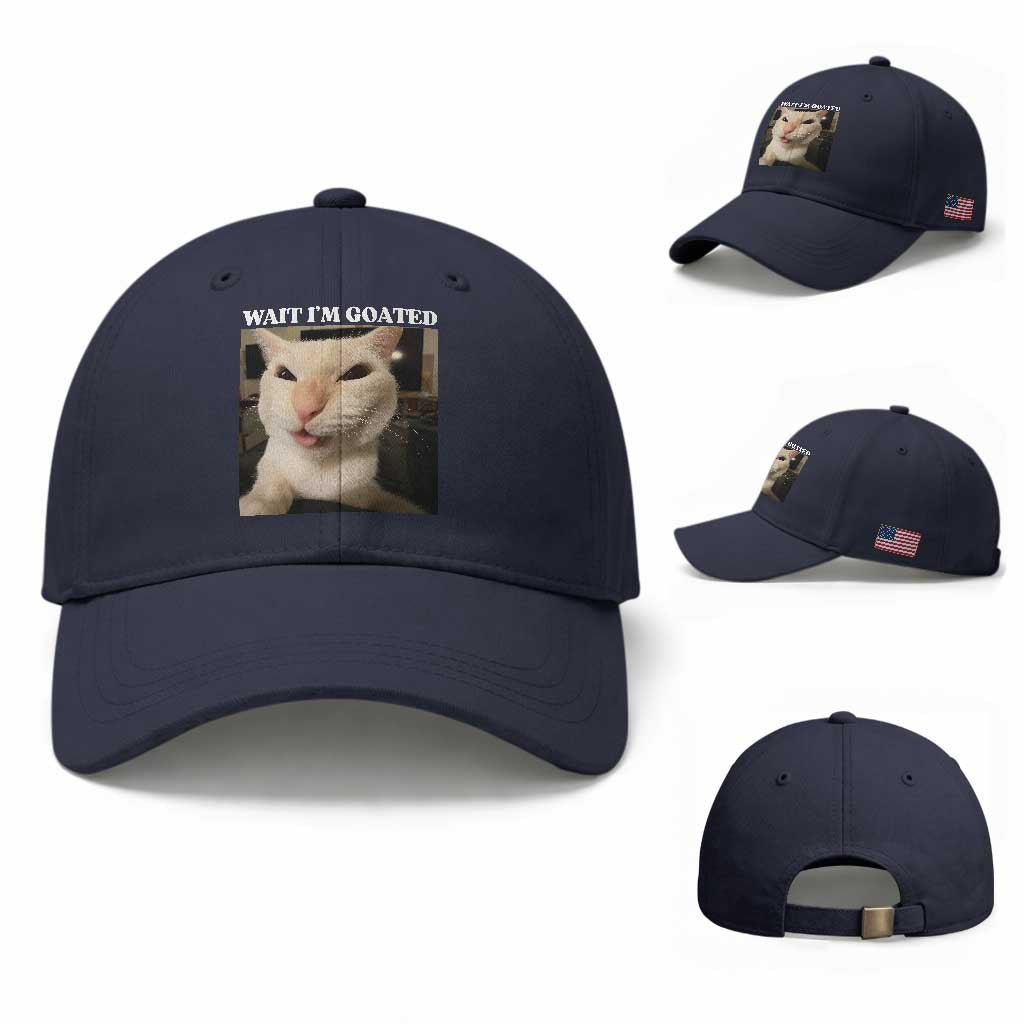 Funny Cat Meme Lover Baseball Cap Wait Im Goated TS12 Baseball Cap Universal Fit Navy Print Your Wear