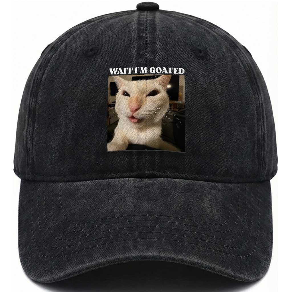 Funny Cat Meme Lover Washed Cotton Baseball Cap Wait Im Goated TS12 Print Your Wear