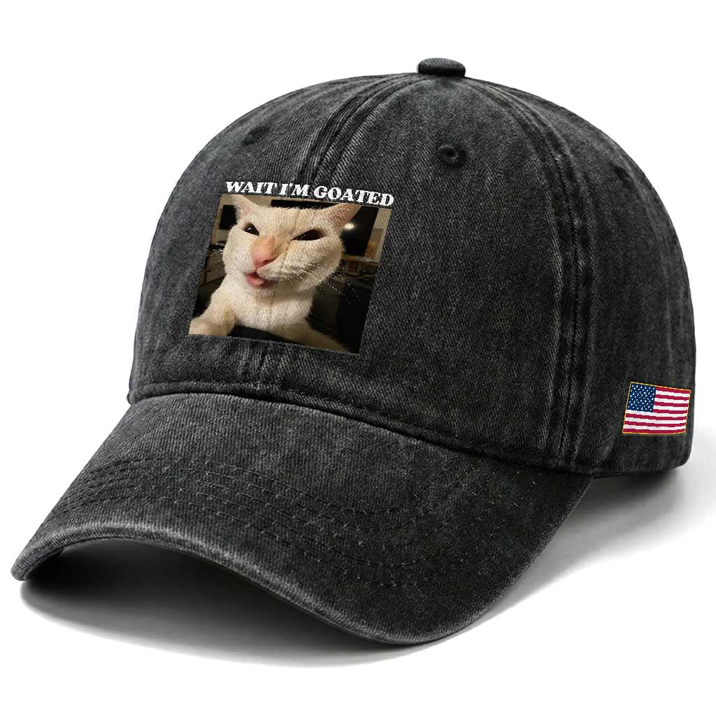Funny Cat Meme Lover Washed Cotton Baseball Cap Wait Im Goated TS12 Print Your Wear