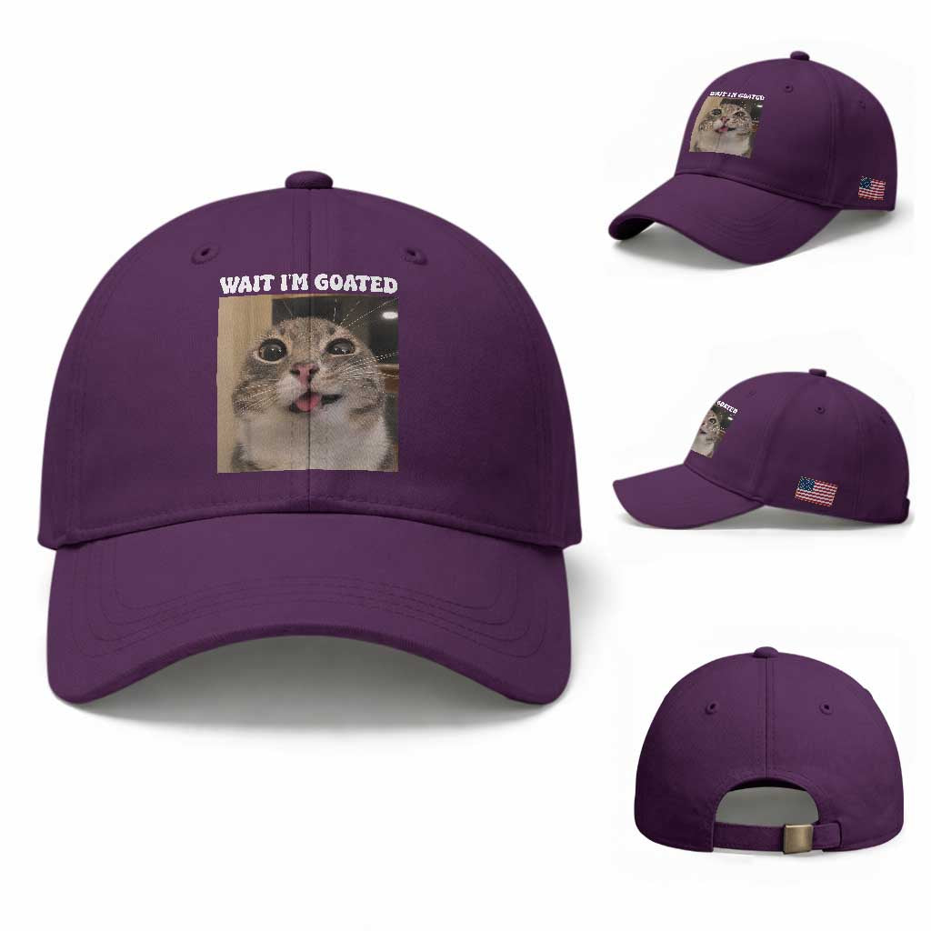 Funny Silly Cat Meme Baseball Cap Wait Im Goated TS12 Baseball Cap Universal Fit Purple Print Your Wear