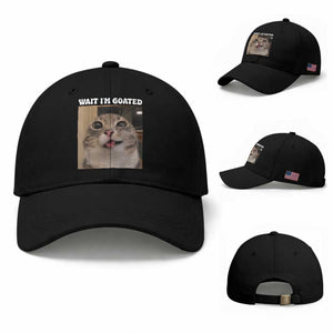 Funny Silly Cat Meme Baseball Cap Wait Im Goated TS12 Baseball Cap Universal Fit Black Print Your Wear