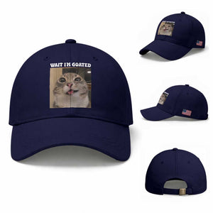 Funny Silly Cat Meme Baseball Cap Wait Im Goated TS12 Baseball Cap Universal Fit Dark Blue Print Your Wear