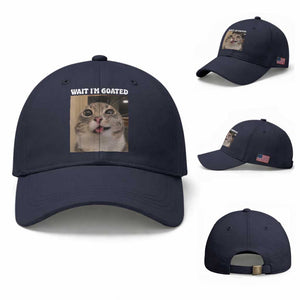 Funny Silly Cat Meme Baseball Cap Wait Im Goated TS12 Baseball Cap Universal Fit Navy Print Your Wear