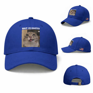 Funny Silly Cat Meme Baseball Cap Wait Im Goated TS12 Baseball Cap Universal Fit Royal Blue Print Your Wear