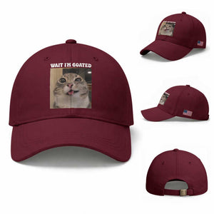 Funny Silly Cat Meme Baseball Cap Wait Im Goated TS12 Baseball Cap Universal Fit Maroon Print Your Wear