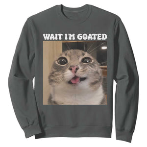 Funny Silly Cat Meme Sweatshirt Wait Im Goated TS12 Dark Heather Print Your Wear