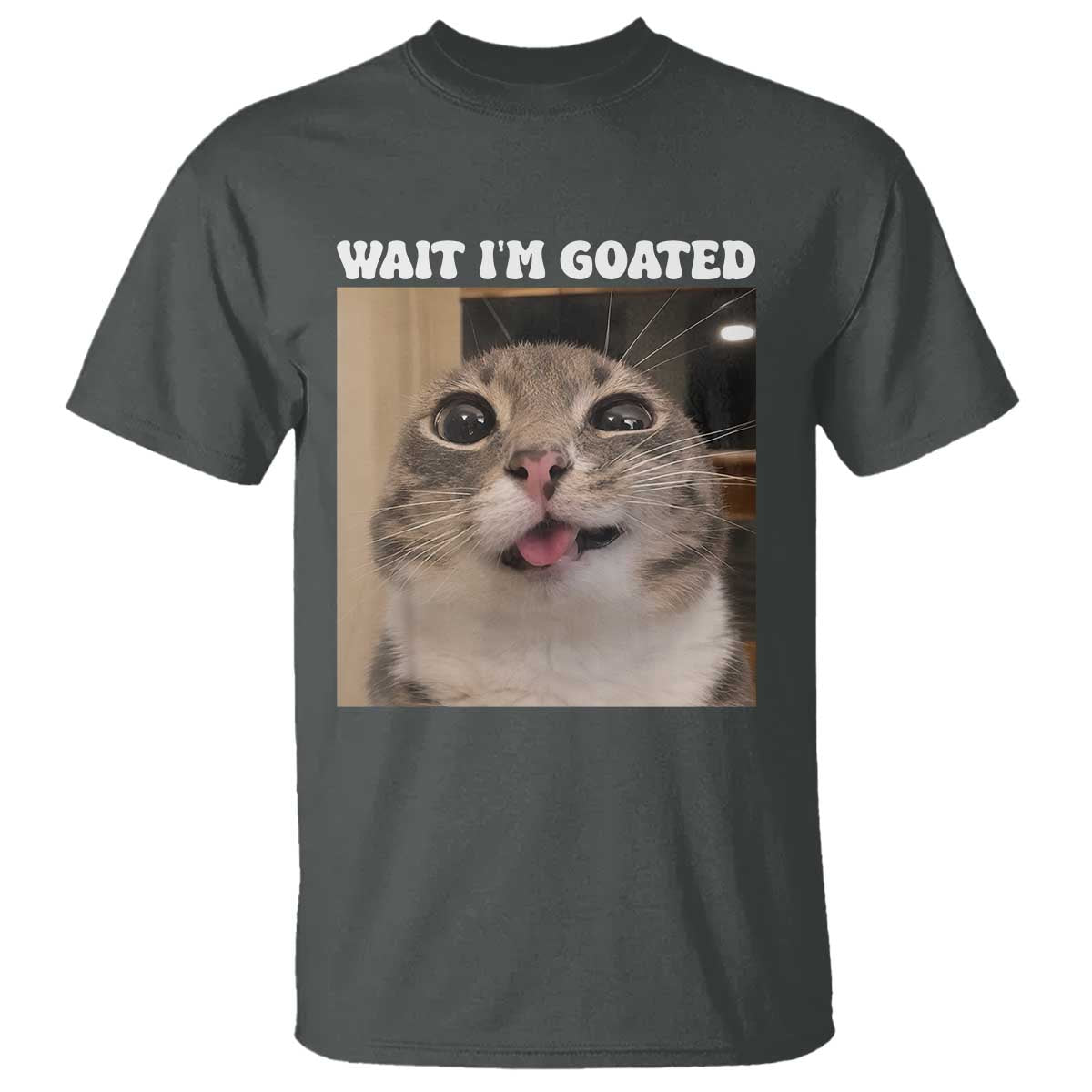 Funny Silly Cat Meme T Shirt Wait Im Goated TS12 Dark Heather Print Your Wear