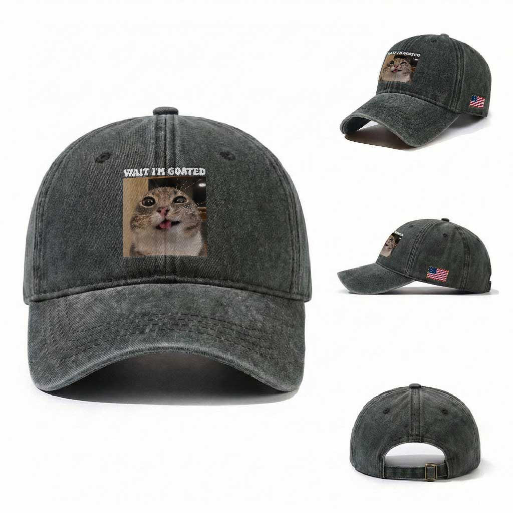 Funny Silly Cat Meme Washed Cotton Baseball Cap Wait Im Goated TS12 Washed Cap Universal Fit Dark Green Print Your Wear
