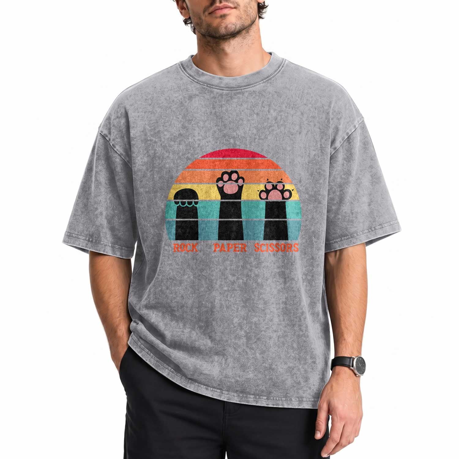 Funny Vintage Black Cat Introvert Washed Cotton T-Shirt Rock Paper Scissors Paw
