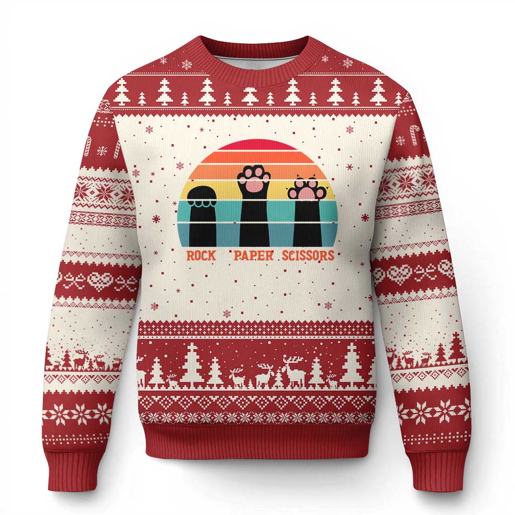 Funny Vintage Black Cat Introvert Ugly Christmas Sweater Rock Paper Scissors Paw TS12 Beige Red Print Your Wear