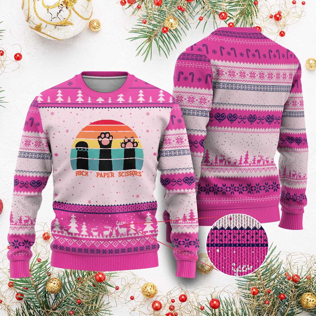 Funny Vintage Black Cat Introvert Ugly Christmas Sweater Rock Paper Scissors Paw TS12 Hot Pink Print Your Wear