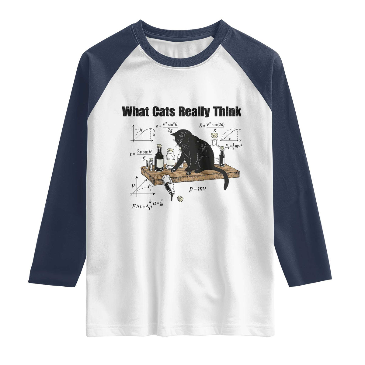 Funny Physics Cat Meme Raglan Shirt What Cats Really Think TS12 White Navy Print Your Wear