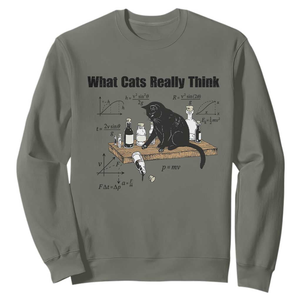 Funny Physics Cat Meme Sweatshirt What Cats Really Think TS12 Military Green Print Your Wear