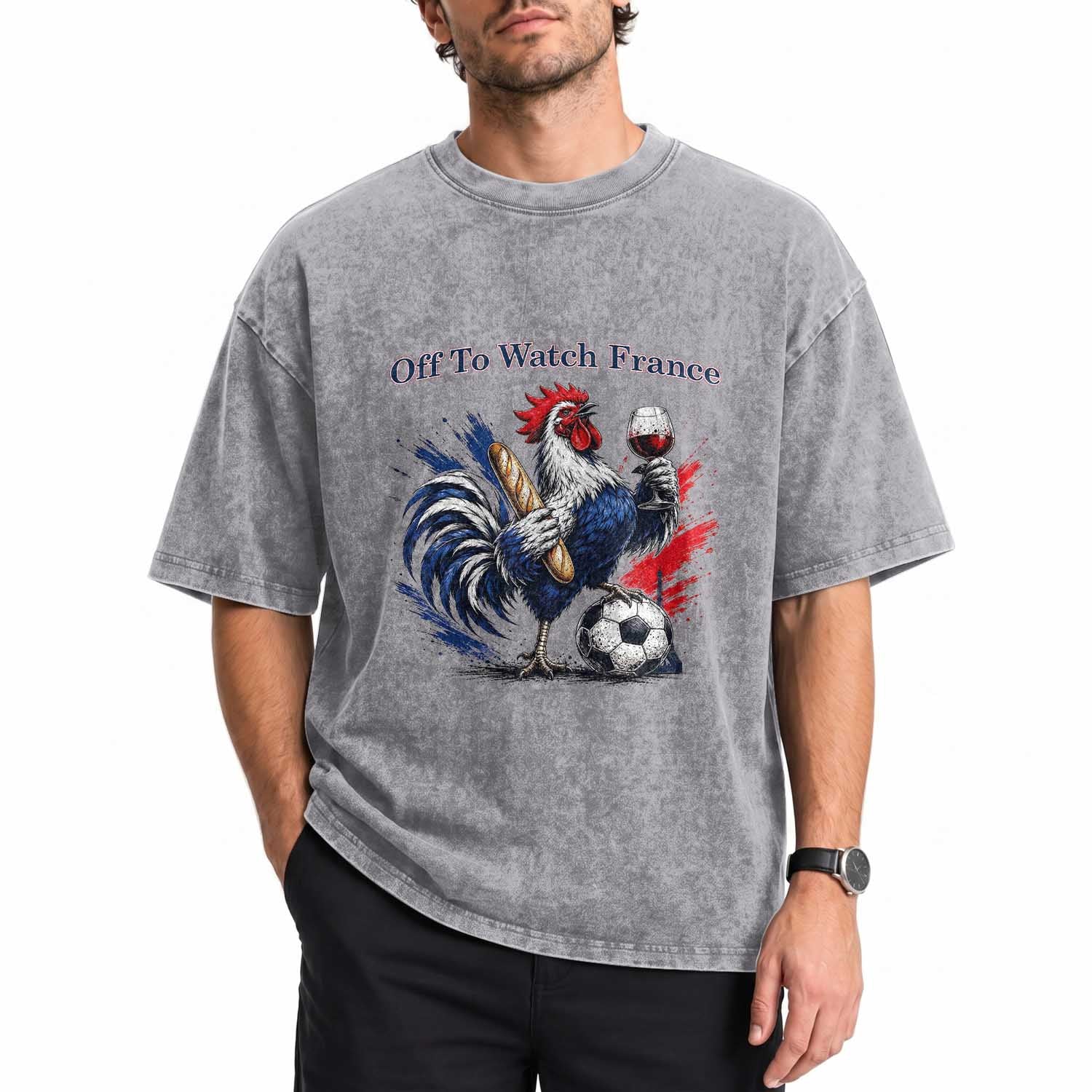 Funny French Rooster Soccer Fan Washed Cotton T-Shirt Off To Watch France