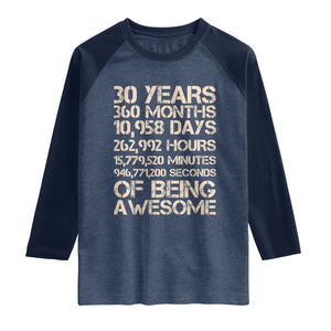 Vintage 30th Birthday Gift Raglan Shirt 30 Years Of Being Awesome TS12 Heather Denim Navy Print Your Wear