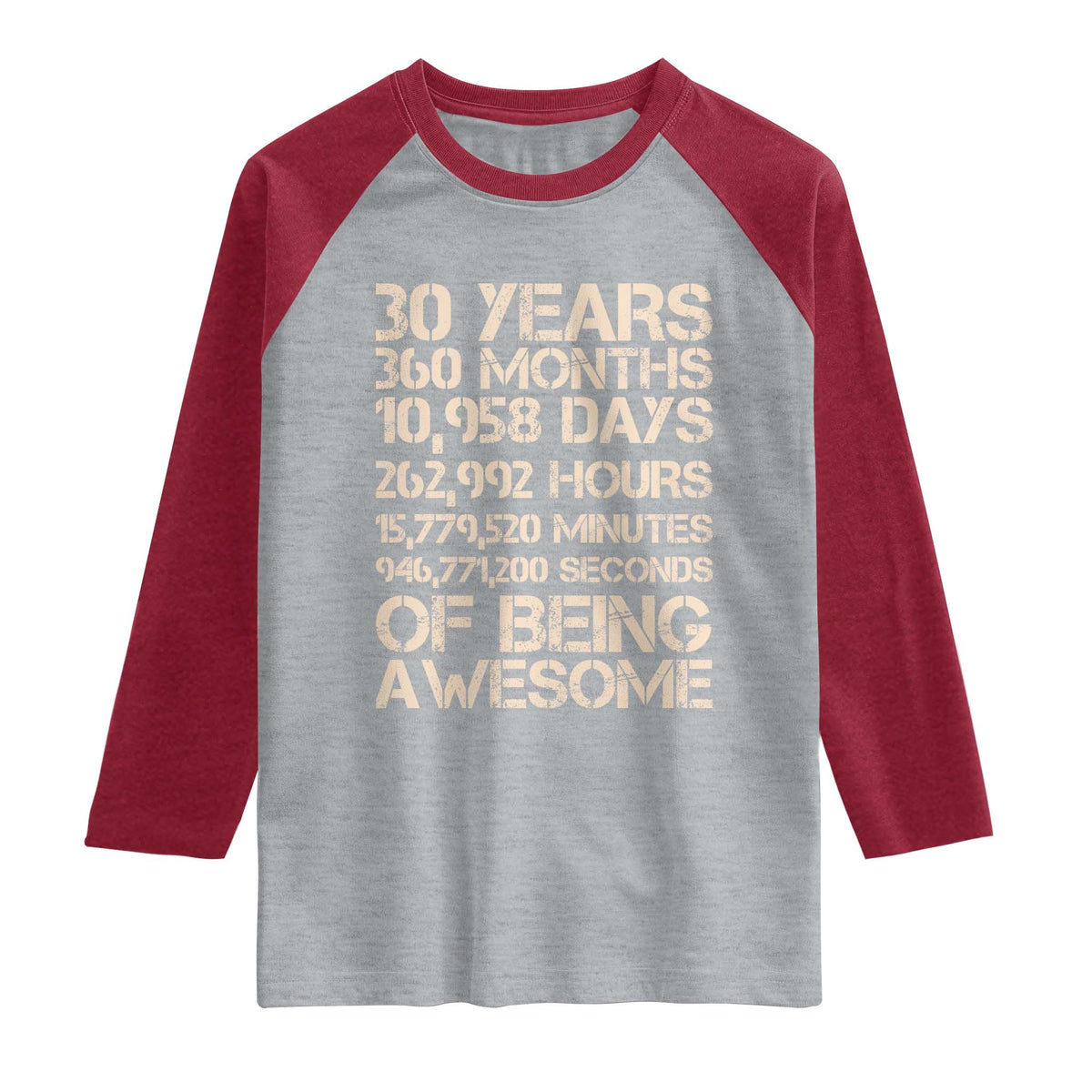 Vintage 30th Birthday Gift Raglan Shirt 30 Years Of Being Awesome TS12 Heather Gray Heather Red Print Your Wear
