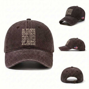 Vintage 35th Birthday Gift Washed Cotton Baseball Cap 35 Years Of Being Awesome TS12 Washed Cap Universal Fit Dark Brown Print Your Wear