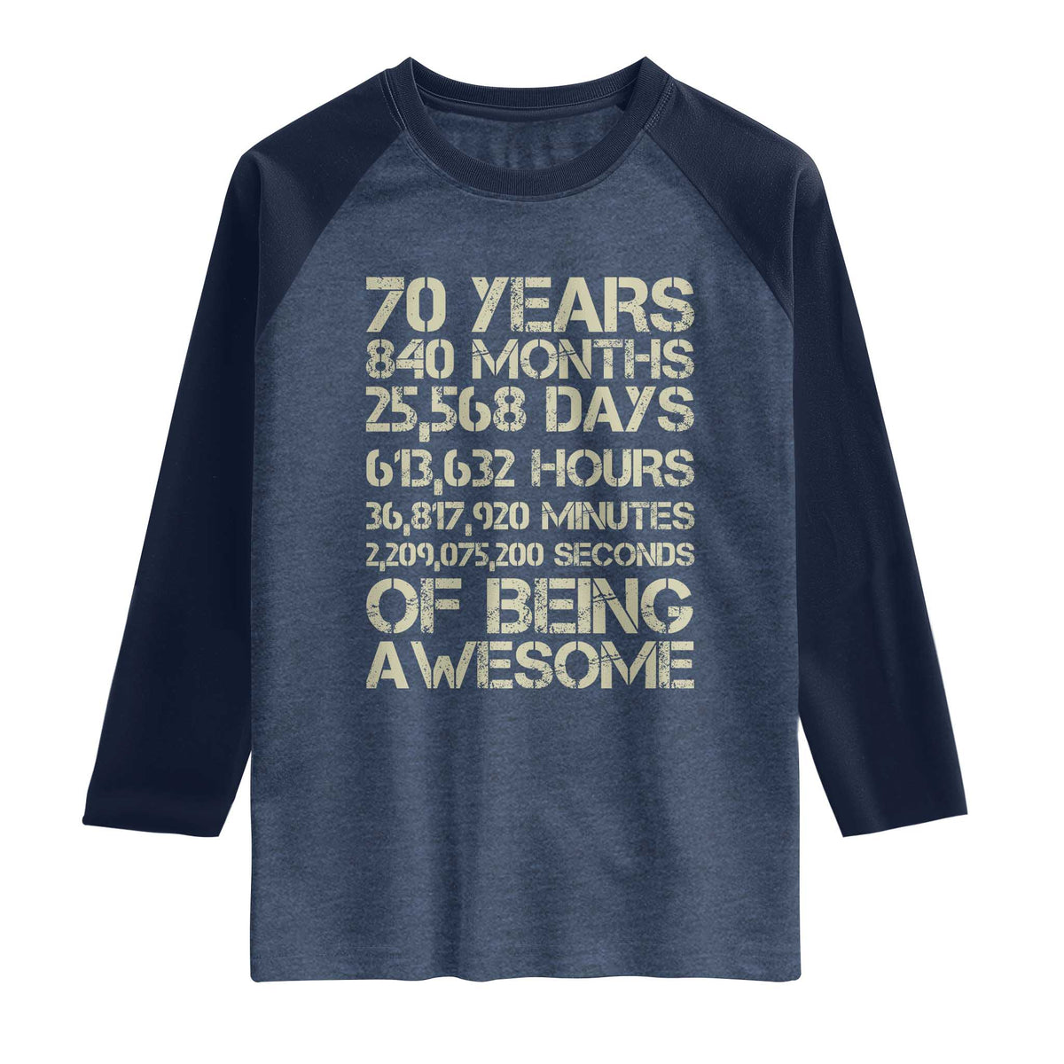 Vintage 70th Birthday Gift Raglan Shirt 70 Years Of Being Awesome TS12 Heather Denim Navy Print Your Wear