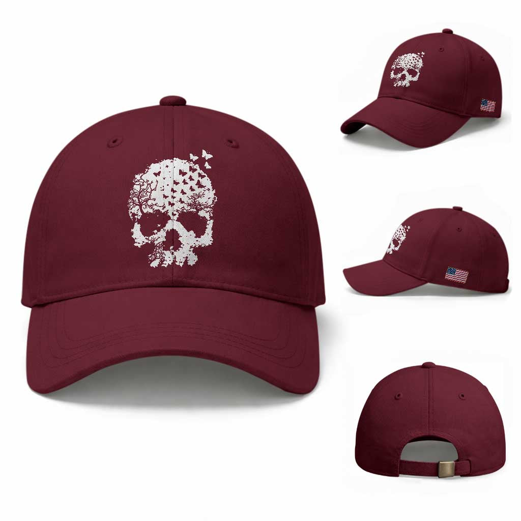 Dark Gothic Graphic Skull Floral Butterfly Baseball Cap TS12 Baseball Cap Universal Fit Maroon Print Your Wear