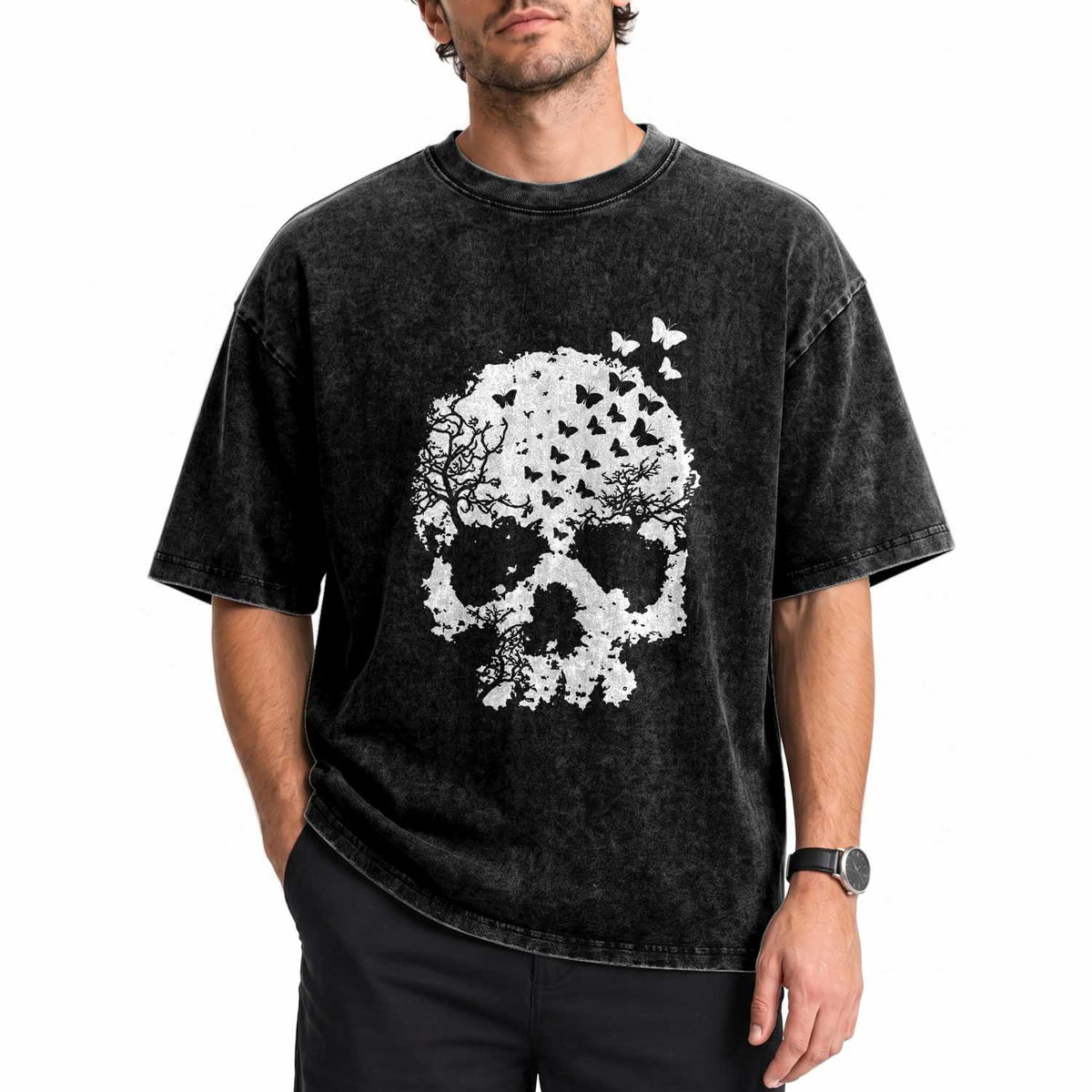 Dark Gothic Graphic Skull Floral Butterfly Washed Cotton T-Shirt