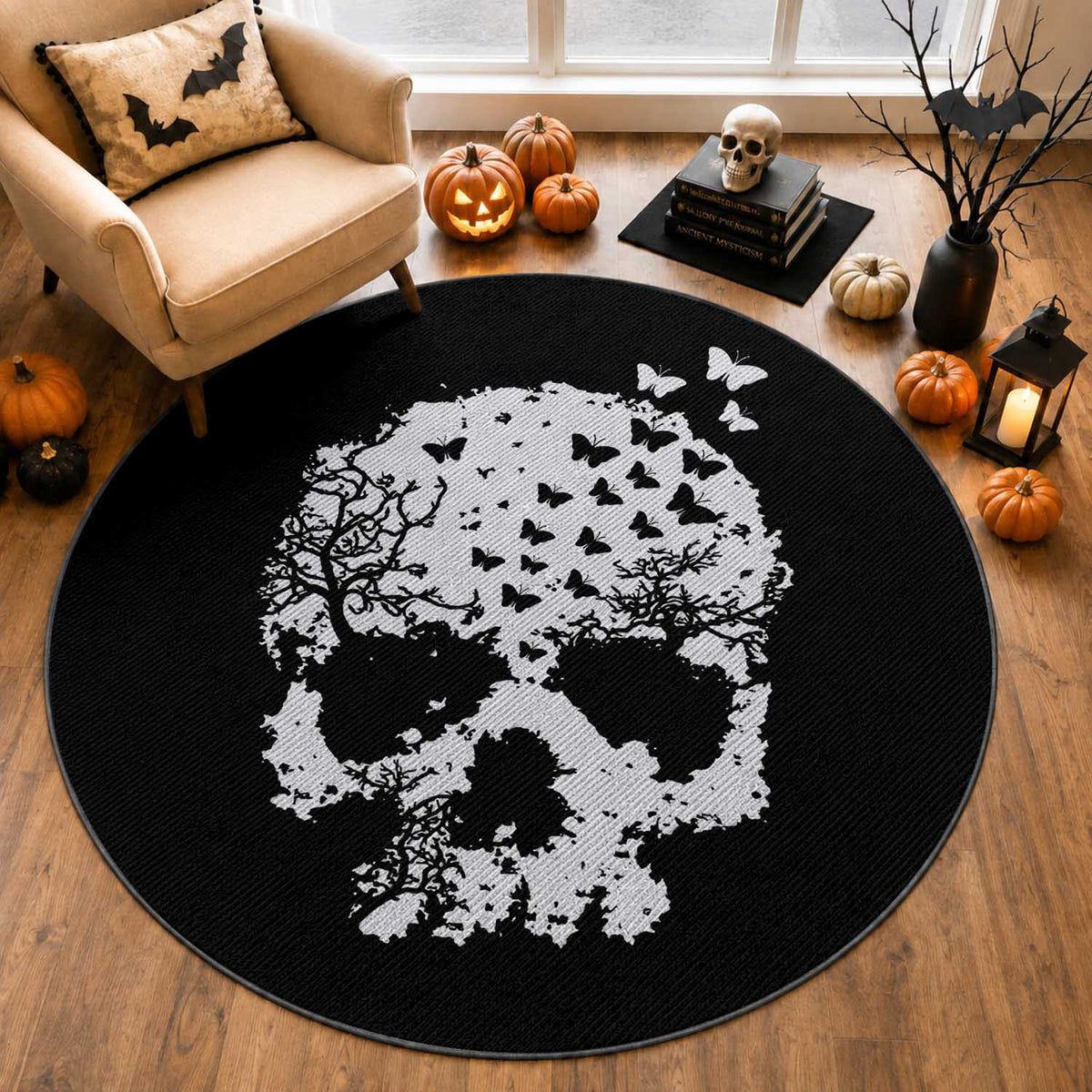 Dark Gothic Graphic Skull Floral Butterfly Round Rug