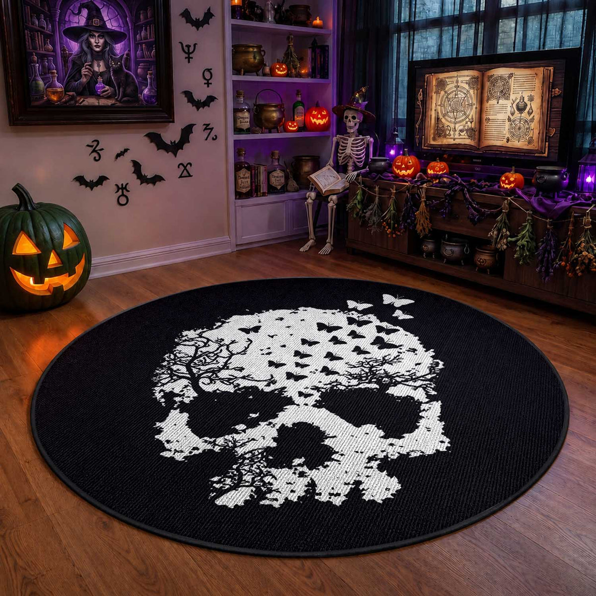 Dark Gothic Graphic Skull Floral Butterfly Round Rug