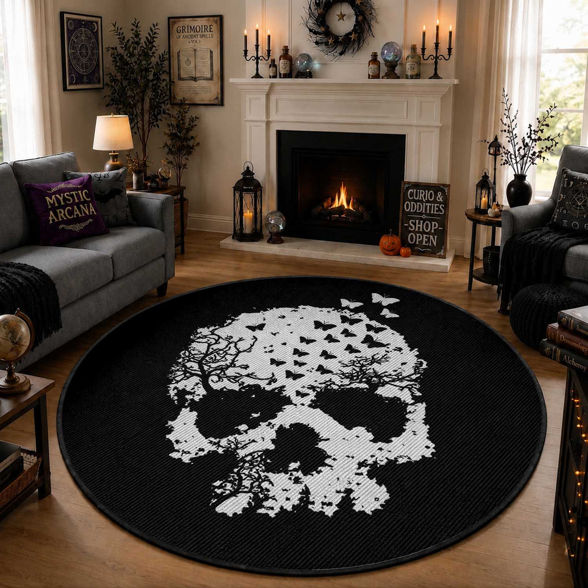 Dark Gothic Graphic Skull Floral Butterfly Round Rug